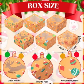24 Pcs Christmas Bakery Cookie Boxes Brown Kraft Paper Christmas Treat Boxes with Clear Window Small Xmas Candy Box Gift Giving for Christmas Cupcakes, Cookies, Brownies, Donuts, Homemade Desserts