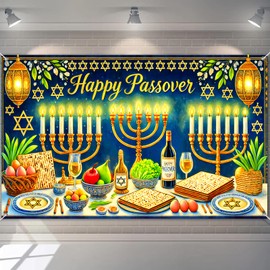 BlissYard Happy Passover Banner 71x43 Inch Seder Table Wall Backdrop Jewish Festival Decoration with Matzah Symbols for Indoor Home Party Dining Room Pesach Celebration Decor