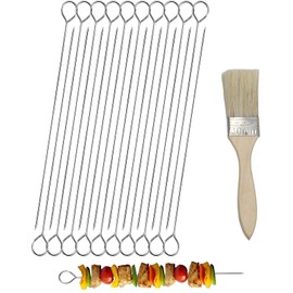 SiumPklay 20 PCS Stainless Steel ​Skewers​ – 8 Inch/20cm ​BBQ Skewers​ with Basting Brush – Reusable for Grilling, Oven, Air Fryer (Meat, Vegetables, ​Kebab)