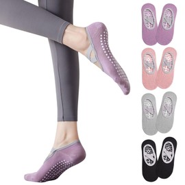 Non Slip Yoga Socks for Women Anti-skid Long Socks for Yoga, Barre, Ballet, Dance, Barefoot Workout Gym-3 Pairs (Cotton, X 4 Pairs - Black+White+Purple+Pink)