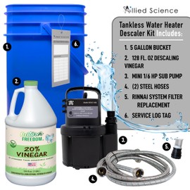 Allied Science Tankless Water Heater Flushing Kit with Square 5-Gallon Bucket, Steel Hoses, 1/6 HP Pump, and Concentrated Vinegar