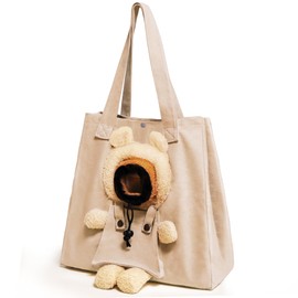 Pet Canvas Shoulder Carrying Bag, Cute Khaki Bear Shaped Cat Carrier, M Size Portable Kitten & Puppy Tote, Comfort Carriers for Small Dogs, Cats, and Pets, Handbag for Outdoor, Shopping, and Camping