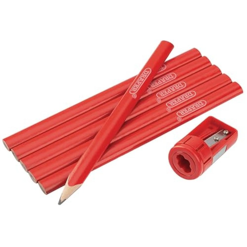 Draper 50990 Cpsset Carpenter Pencil and Sharpener, Red, 4 Piece