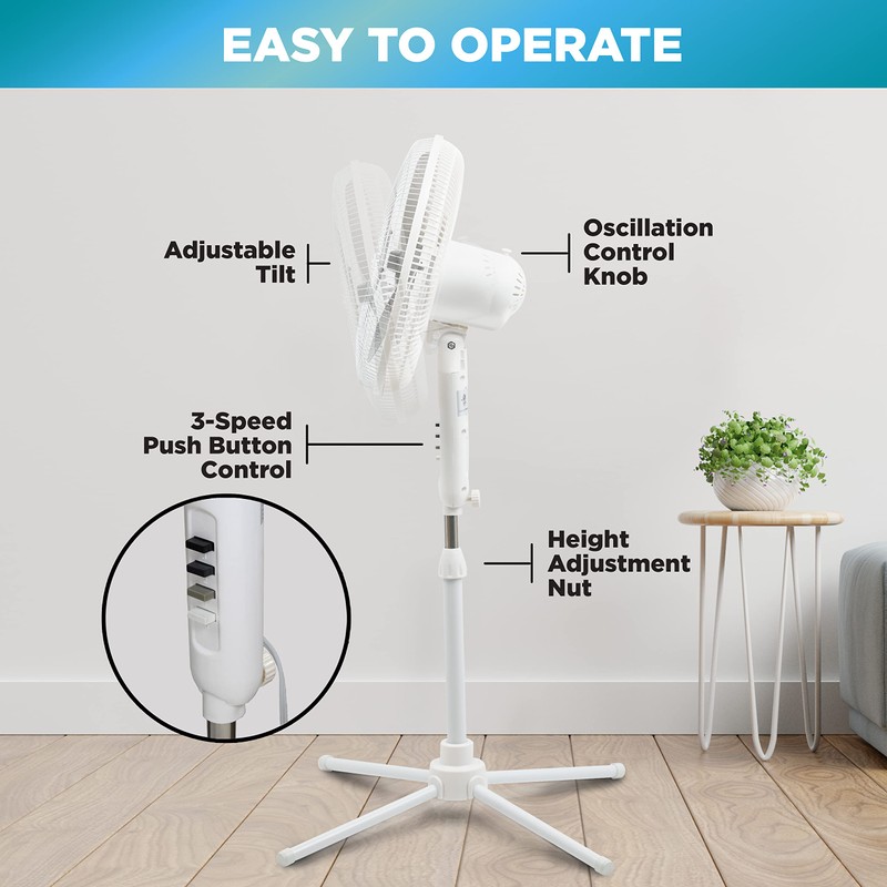 Comfort Zone Stand Fan, 16 inch Pedestal Fan for Bedroom,