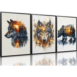 Forest Animal Wolf Bear Wall Art Canvas Prints Set Of 3, Rustic Farmhouse Wall Decor, Hunting Lodge Landscape Paintings, Wild Nordic Style Home Decoration for Living Room Bedroom 12x16in Wood Framed