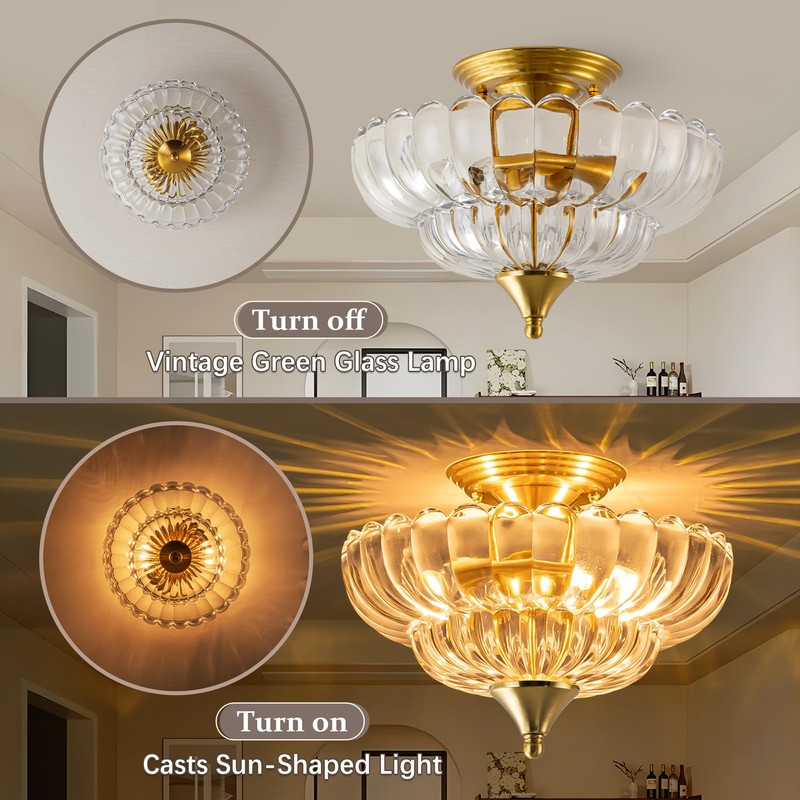 FTL Gold Semi Flush Mount Ceiling Light, Vintage Scalloped Transparent