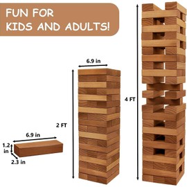 Juegoal 54 Piece Giant Tumble Tower Brown for Adult Kids Family, Wooden Block Stacking Game with Gameboard & Canvas Bag, Outdoor Games for Backyard Lawn Party Playing, 6.9 x 6.9 x 24 Inches,X-Large
