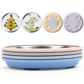 Bakpoco 8" Stainless Steel Baby Suction Plate, Toddler Plates with Removable Silicone Sleeves, Non Toxic Unbreakable Led Weaning Supplies Kids Snack Dishes Set of 4, Sage Blue Beige Lilac