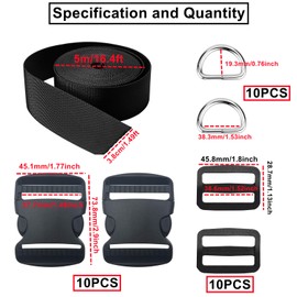 HUAZIZ Pack of 10 Buckles for 38 mm Webbing, Adjustable Side Release Plastic Buckles, 10 Pieces Metal D Ring Buckle 38 mm for Paracord Bracelets Dog Collar Backpacks Black, black, m
