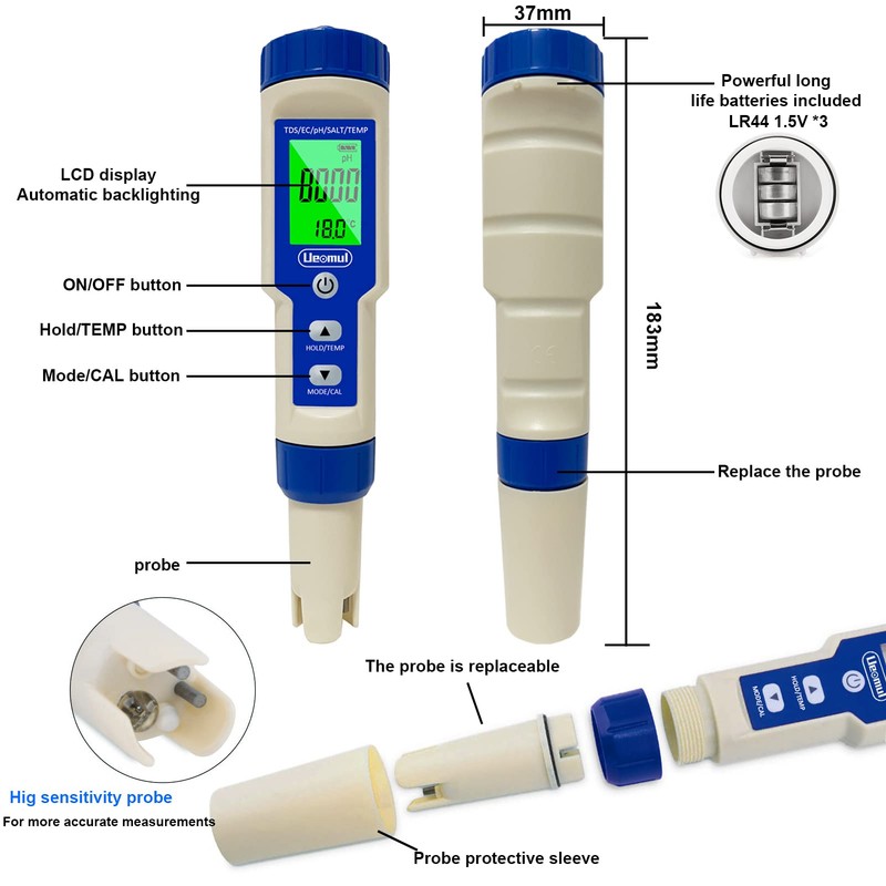 Ueomul Digital PH Meter 5 in 1 TDS EC Salt