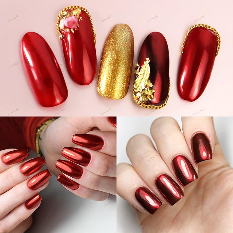 2 Boxes Red Chrome Nail Powder 3D Mirror Effect Aurora