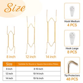 Bilillo 12 Piece Stainless Steel Plate Hangers - 8/12/14 Inch Invisible Heavy Duty Wall Plate Holder with 12 Pieces Wall Hooks for 7.5 to 16 Inch Decorative Plates and Arts (Gold)