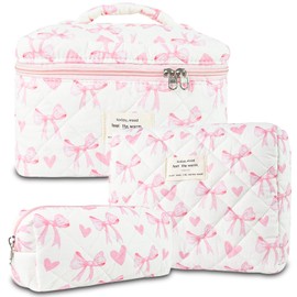 AMZMA Quilted Makeup Bag, Cute Floral Cotton Cosmetic Bag set, Coquette Bow Makeup Pouch Large Travel Toiletry Bag, Heart bow