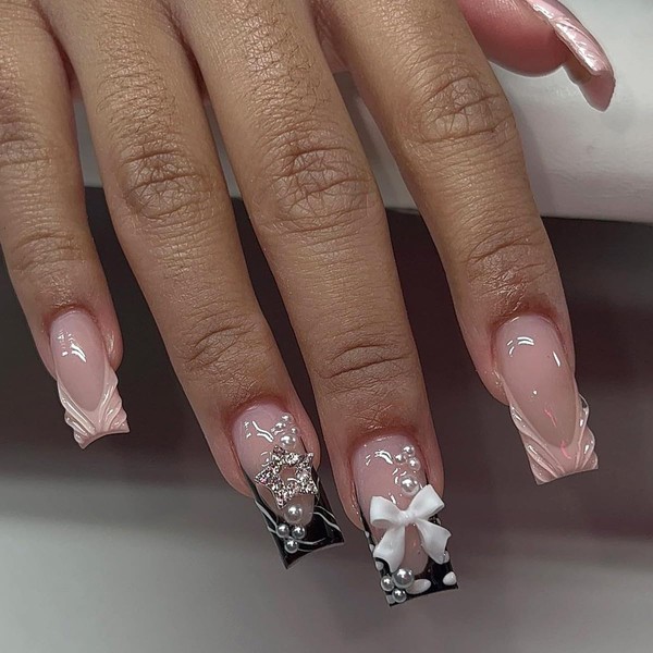Press On Nails with Nail Glue, Butterfly Flower Bow Star