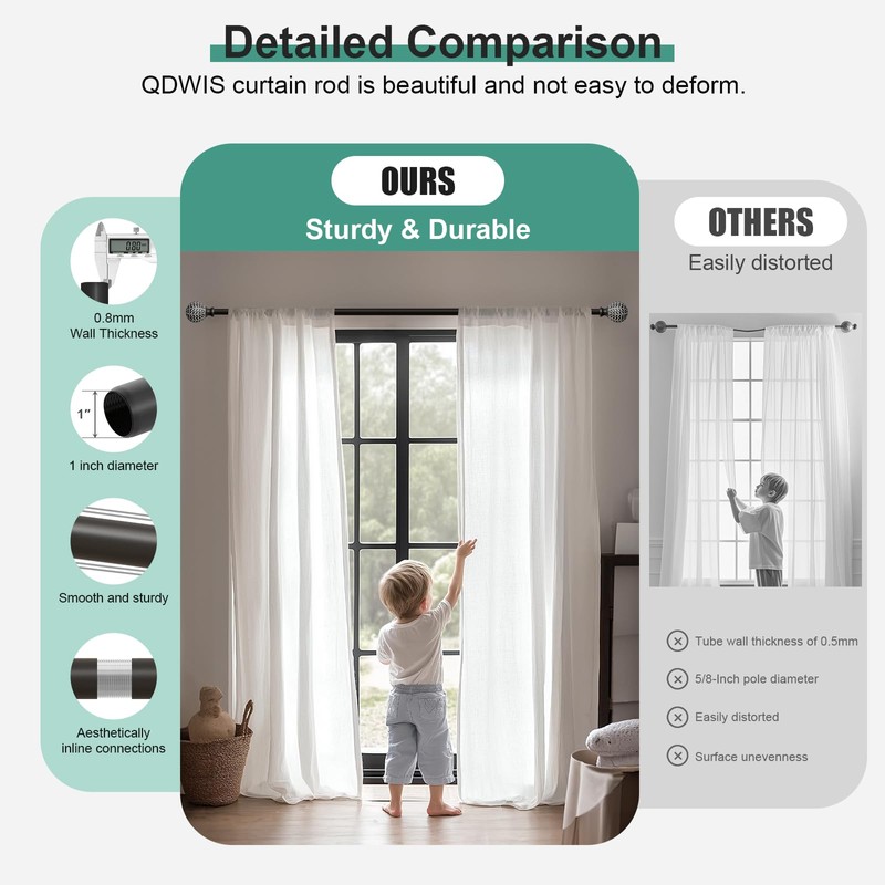 QDWIS Black Curtain Rods for Windows 72 to 144 Inch,1''