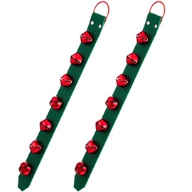 Frienda Hanging Jingle Bells 7-Bell Dog Doorbells for Door Knob Faux Leather Belts Go Outside Dog Bells Christmas Decor and Holiday Decorations, 18.7 x 1.8 x 1 Inches(Green with Red)