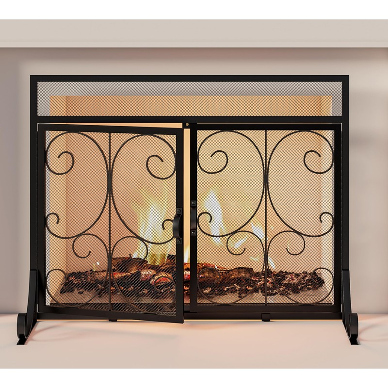 Calidola Large Flat Fireplace Screen with Doors, Wrought Iron Frame