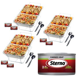 Sterno Disposable Chafing Dish Buffet, Set of 3 Full-Size Chafing Dishes for Buffet, 6 Sterno Fuel Cans (2.25hr), 6 Food Pans, 3 Water Trays, and Serving Utensils for Parties & Catering