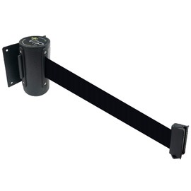 2 pcs Package Retractable Fixed Wall Mounted Queue Safety Belt Barriers with Steel Case in Tuff Tex Black Finished, VIP Crowd Control (96" Black Belt)