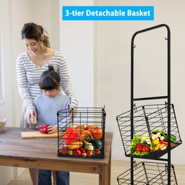 3-Tier Fruit Basket Stand for Kitchen, Wire Market Basket Food Storage Stand with Wheels, Vegetable Produce Pantry Basket Organizer