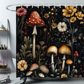 Mushroom Floral Shower Curtain Retro Boho Vintage Plants Flowers Botanical Nature Fairy Forest Black Background Bathroom Polyester Curtains Set with Hooks 70x70 Inch