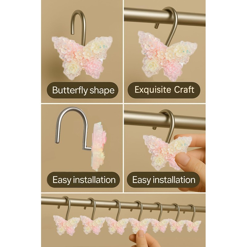 YOINIUEM 12 Pack Glitter Pink Butterfly Shower Curtain Hooks -