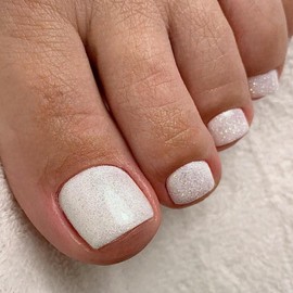 Glitter White Press on Toenails for Women, Shimmer Fake Toenail Press ons Short Square Acrylic Press on Toe Nails, Reusable Ivory White Toenails Glue on Natural Seamless Fit, 24Pcs Glue Toenails