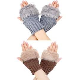 Boao 2 Pairs Fingerless Winter Gloves Short Touchscreen Gloves Thumb Hole Mittens Knitted Warm Gloves with Faux Fur (Light Gray and Cameo Brown)