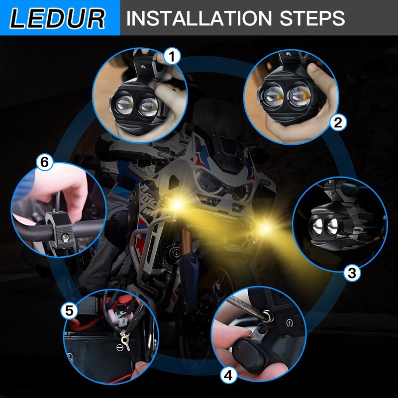LEDUR Motorcycle Auxiliary Lights Kit White Amber Strobe LED Driving