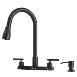APPASO 4-Hole Kitchen Faucet with Pull Down Sprayer, 2 Handle Pull Out Faucet with Soap Dispenser Black, High Arc Stainless 3 & 4 Hole Sink Faucet for Bathroom RV Utility, Matte Black Easy Install