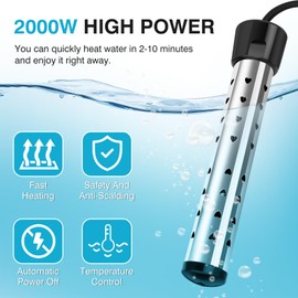 2000W Immersion Water Heater, Portable Water Heater Electric with 304 Stainless Steel, Bucket Bathtub Heater with Thermometer & Power-Off Protection, Quickly Heat 5 Gallons of Water in Minutes