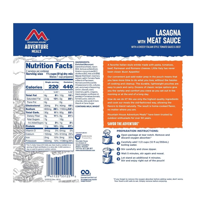 Mountain House Lasagna with Meat Sauce Freeze-Dried Emergency Food Survival