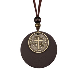 Popeoiuh Leather Necklace for Women Men Gold Alloy Cross Brown Round Wood Pendant Boho Leather Sweater Choker Necklaces with Brown Leather Cord