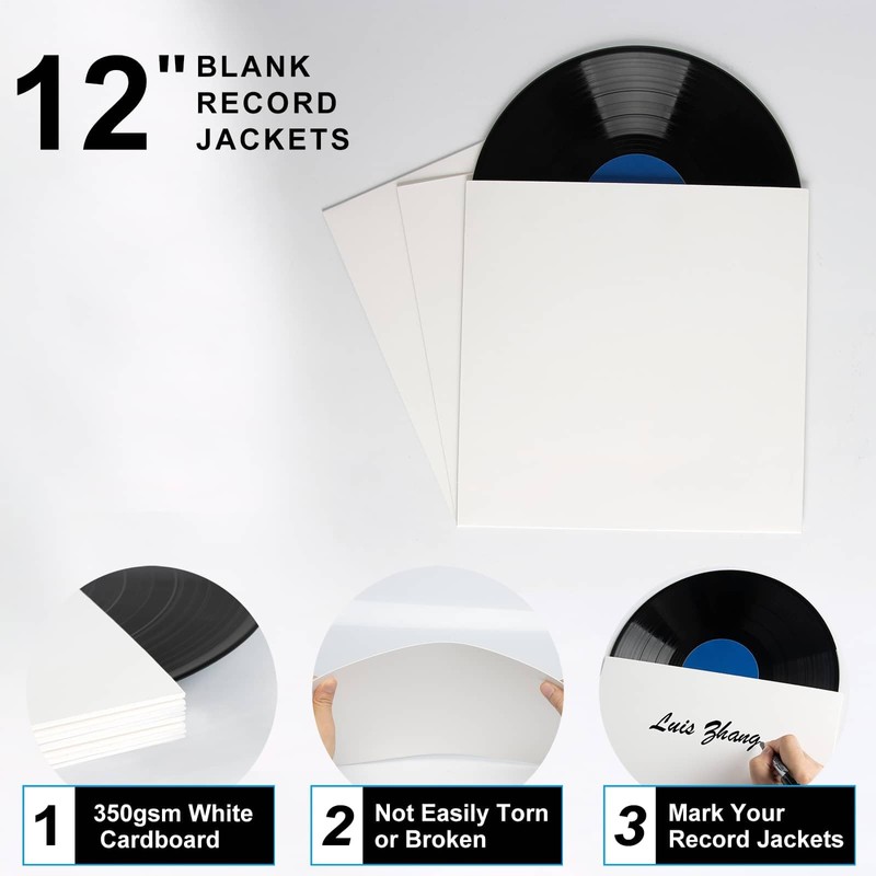 20ct 12-Inch LP Vinyl Record Jackets - 350gsm White Cardboard