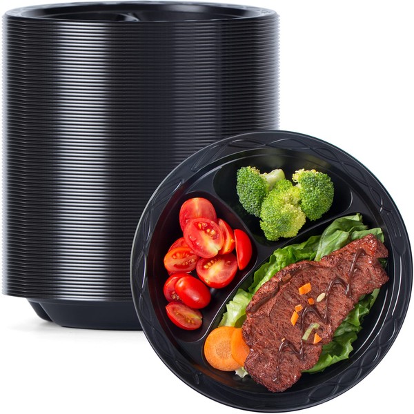 YANGRUI Reusable Plastic Plates, 9 Inch 3 Compartments 150 Pack Food Grade Material BPA Free Black Dinner Plates