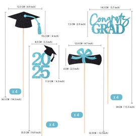 Gexolenu 16 PCS Light Blue Double-Sided 2025 Graduation Centerpieces for Tables, 2025 Table Toppers Party Centerpiece Sticks Party Supplies, Graduation Party Decorations Class of 2025, Set of 4