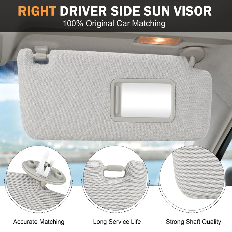 Right Passenger Side Grey Sun Visor with Vanity Light Fit