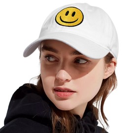 SONMONY Smile Face Baseball Hat Washed Dad Hat for Men Women Cute Baseball Caps Unstructured Smile Embroidered Hat White
