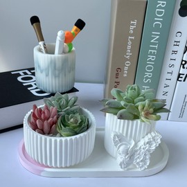 Midnadiy 2 Pcs Stripe Jar Resin Molds with Lids - Large Candle Jar Silicone Molds with 1 Butterfly Mold, Epoxy Planter Pot Moulds for DIY Jewelry Storage Box,Concrete Candle Vessel for Christmas Gifts