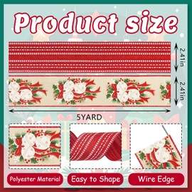 Habbiful 2 Rolls 2.5''x 10 Yards Christmas Wired Ribbons for Crafts Wreath Bows Gift Wrapping Red Jingle Bell Burlap Ribbons Merry Xmas Ribbons for Christmas Party Home Decoration