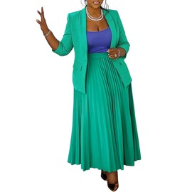 Women's Plus Size 2 Piece Outfits Casual Open Front Blazer and High Waist Pleated Maxi Skirt Sets Business Suits, Green, 2XL