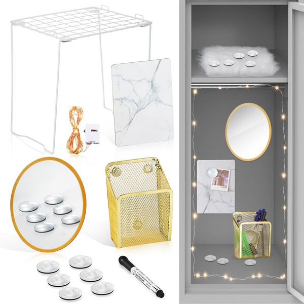 Honoson 13 Pcs Locker Organizer and Decorating Kit, First Day of School Essentials for Girl Marble Print Whiteboard with Markers Locker Shelf Plush Area Rug String Light Mirror Magnetic Cup and Magnet