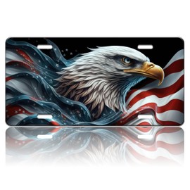American Flag Eagle License Plate Patriotic Black License Plate Stainless Steel Front License Plate Vanity Tag Funny for Car Decorative Accessories for Women Men 6 X 12 Inch with 4 Holes
