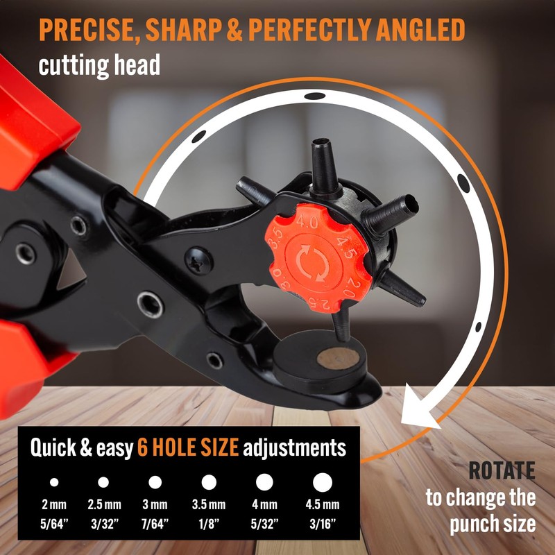Professional Heavy Duty Belt Hole Puncher for Leather, Multi-Size Rotary