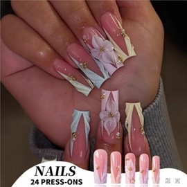 Long Press on Nails Square French Tip Fake Nails with 3D Flower Rhinestone Designs Full Cover Stick on Nails for Women Manicure Decor 24 Pcs (Blue-20, L-20)