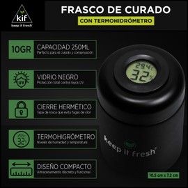 KEEP IT FRESH Herb Container Drying Container Black Glass 250ml Capacity 10g UV Filter Thermal Hygrometer with Display Airtight Seal Odor Proof