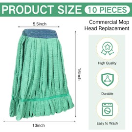 Lallisa 10 Pcs Commercial Mop Head Replacement Tube Microfiber Mop Heads for Floor Cleaning Industrial Mop Heads Looped End Wet Mop Head Refill for Home Commercial Industrial Use (Green,18 oz)