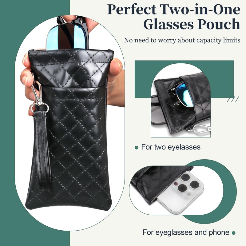 RayLove Double Eyeglasses Pouch with Carrying Strap PU Leather Soft