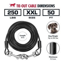 Tuff Pupper Dog Tie Out Cable 50 Feet | Dog Runner Cable for Yard 50 ft | Heavy Duty Lead | Water & Rust Resistant Industrial Strength Steel | 360 Degree No Tangle Swivel Clips