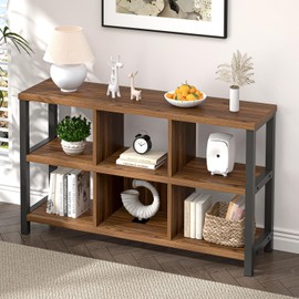 FOLUBAN 6 Cube Storage Organizer Bookshelf, Industrial Horizontal Low Cubby Bookcase for Living Room Bedroom (Rustic Walnut, 47 Inch)